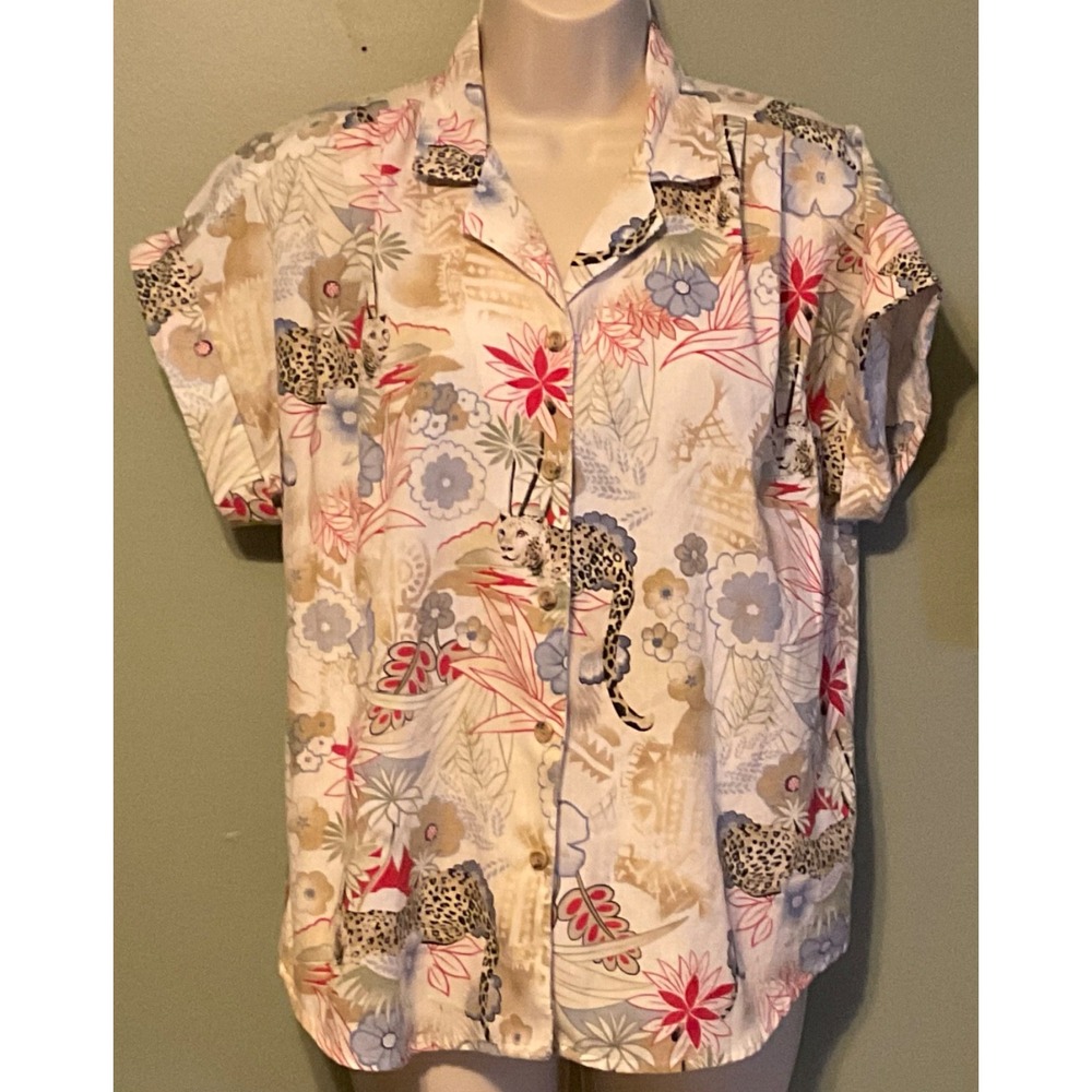 Ladies TAPESTRY BUTTON UP BLOUSE SIZE M TROPICAL FLOWERS TIGER PRINT